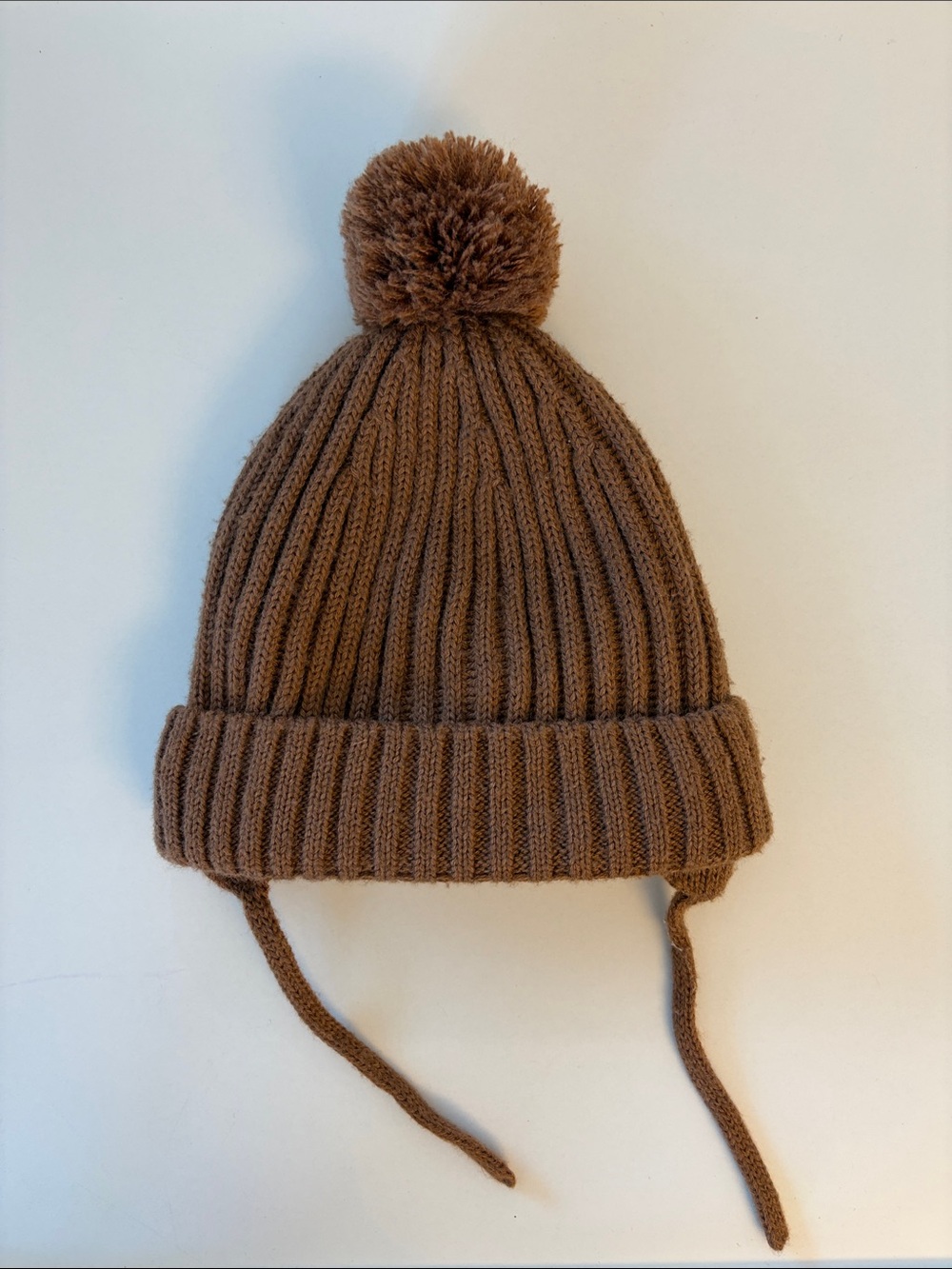 Zara Brown Ribbed Pom-Pom Hat with Ties